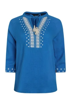 Weird Fish Tunics|Tops & T-Shirts|Adalia Organic Cotton Embroidered Double Cloth Blouse Adriatic Blue