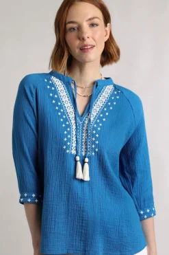 Weird Fish Tunics|Tops & T-Shirts|Adalia Organic Cotton Embroidered Double Cloth Blouse Adriatic Blue