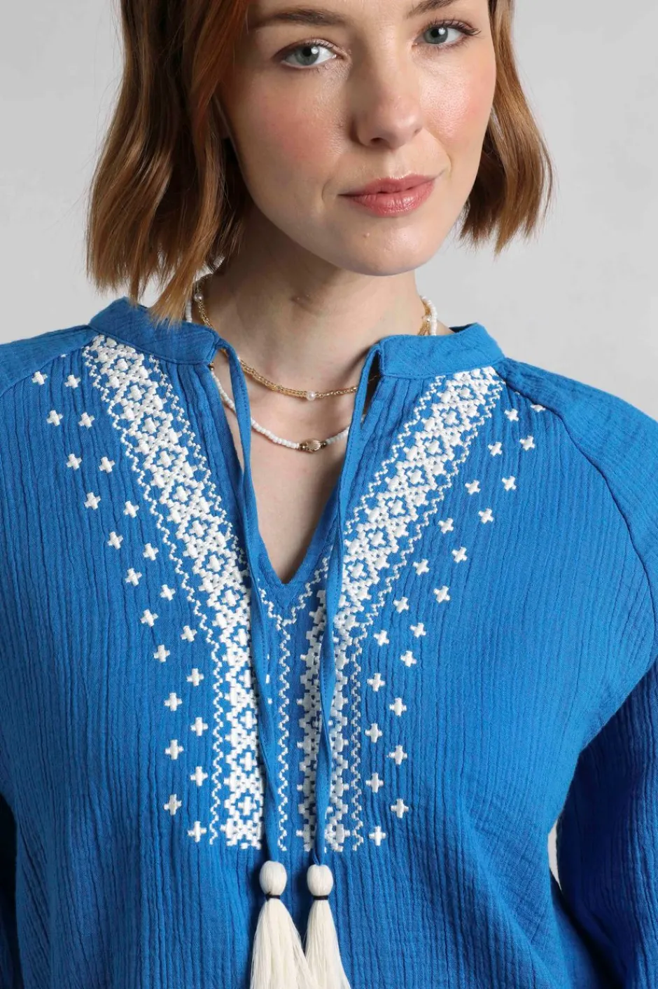 Weird Fish Tunics|Tops & T-Shirts|Adalia Organic Cotton Embroidered Double Cloth Blouse Adriatic Blue