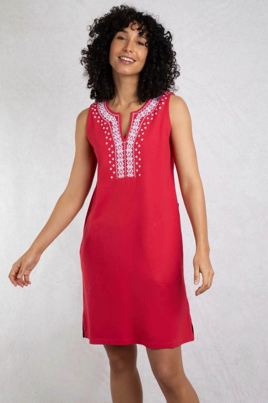 Weird Fish Dresses|Anaya Organic Cotton Embroidered Jersey Shift Dress Crimson