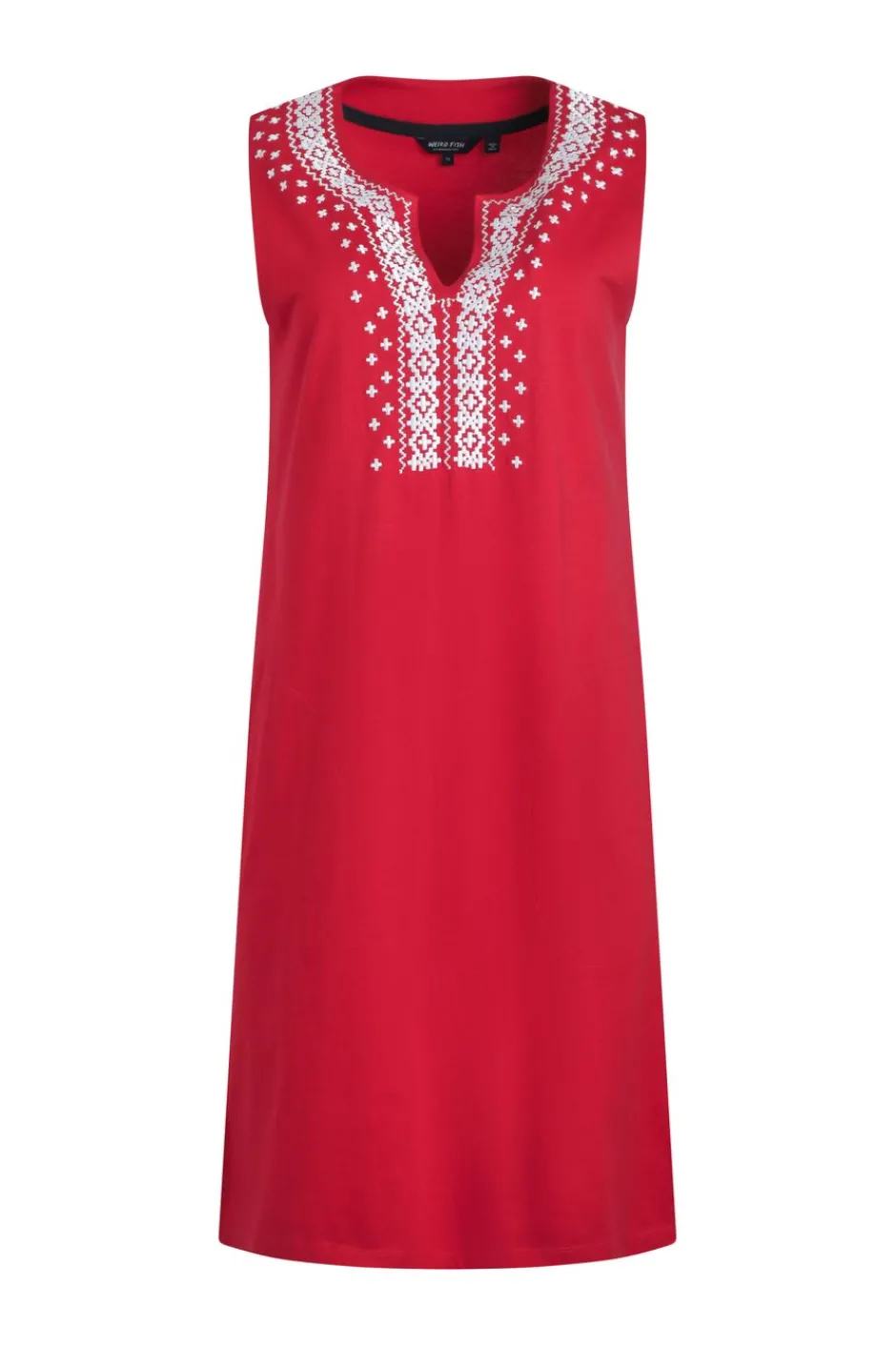 Weird Fish Dresses|Anaya Organic Cotton Embroidered Jersey Shift Dress Crimson