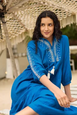 Weird Fish Dresses|Arles Organic Cotton Embroidered Double Cloth Dress Adriatic Blue