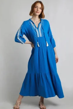 Weird Fish Dresses|Arles Organic Cotton Embroidered Double Cloth Dress Adriatic Blue