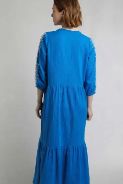 Weird Fish Dresses|Arles Organic Cotton Embroidered Double Cloth Dress Adriatic Blue