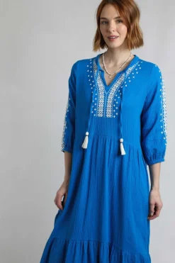 Weird Fish Dresses|Arles Organic Cotton Embroidered Double Cloth Dress Adriatic Blue