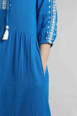 Weird Fish Dresses|Arles Organic Cotton Embroidered Double Cloth Dress Adriatic Blue