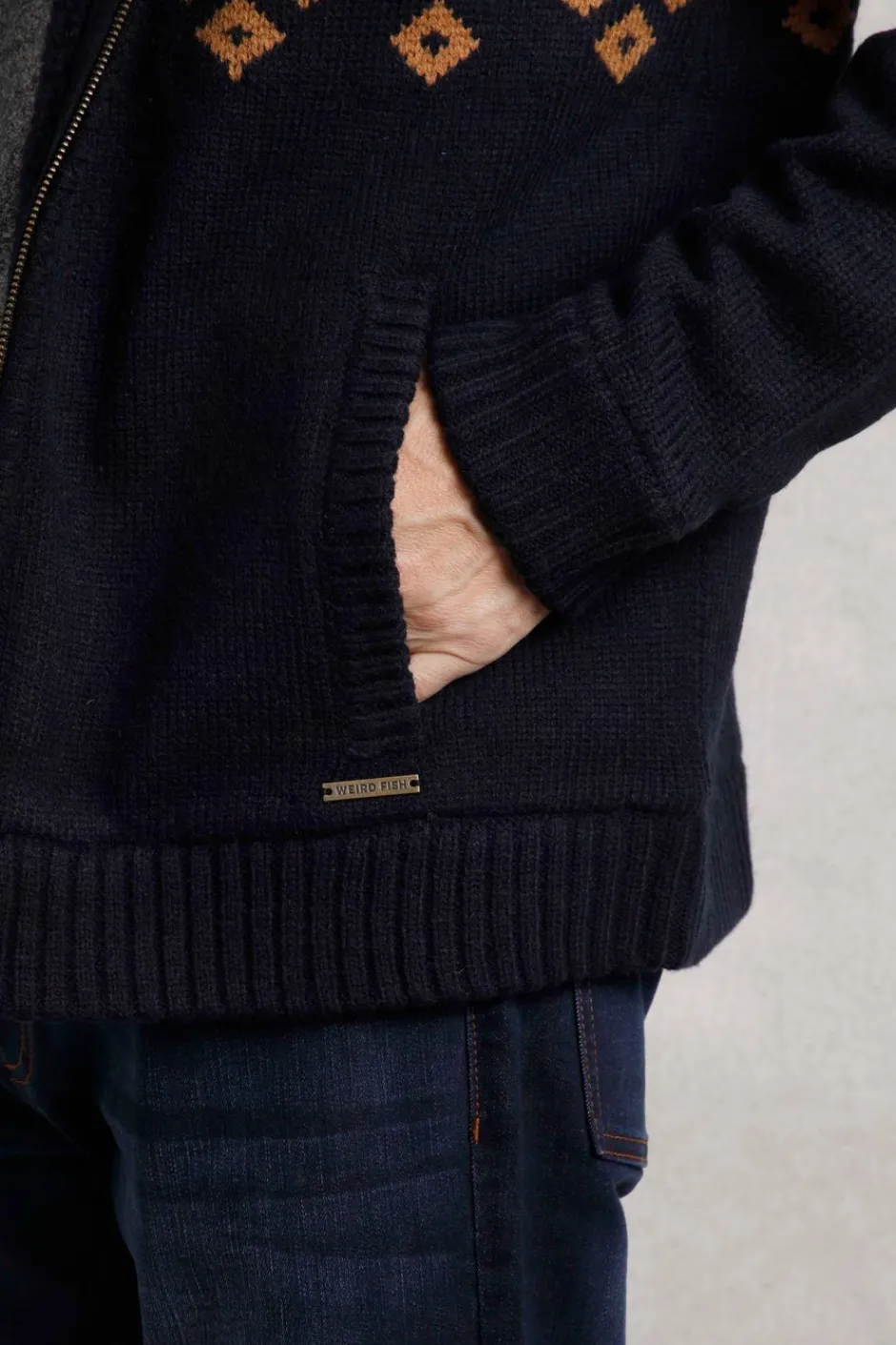 Weird Fish Sweatshirts & Hoodies|Jumpers & Knitwear|Bradwood Borg Lined Fair Isle Knit Full Zip Hoodie Midnight