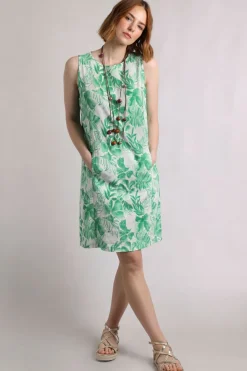 Weird Fish Dresses|Linen|Dayna Linen Rich Printed Shift Dress Evergreen