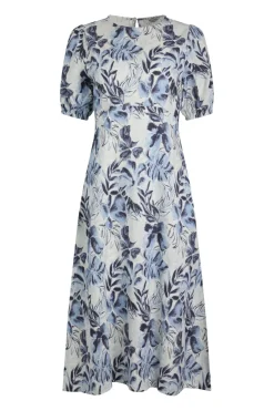Weird Fish Linen|Linen|Delanie Linen Rich Printed Tea Dress Estate blue