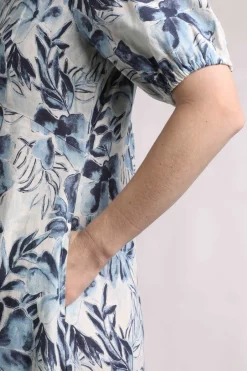 Weird Fish Linen|Linen|Delanie Linen Rich Printed Tea Dress Estate blue