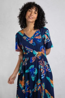 Weird Fish Dresses|Dilsha LivaEco™ Printed Viscose Midi Dress Dark Blue