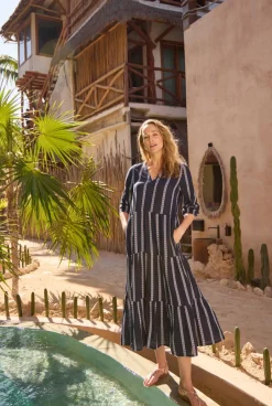 Weird Fish Dresses|Emmy Striped Woven Maxi Dress Navy