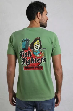 Weird Fish T-Shirts|Fish Fighters Back Print Artist T-Shirt Artichoke Green