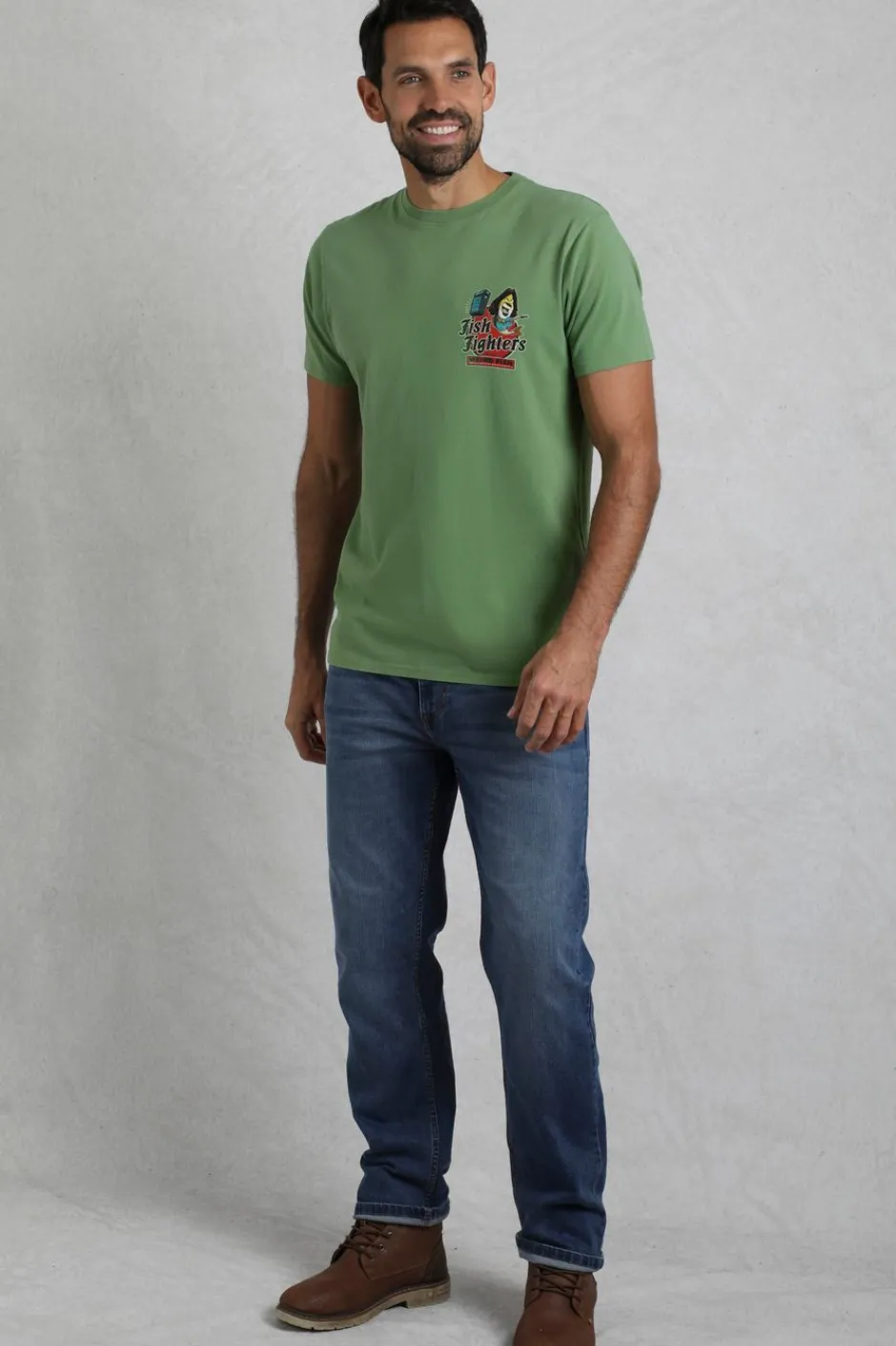 Weird Fish T-Shirts|Fish Fighters Back Print Artist T-Shirt Artichoke Green