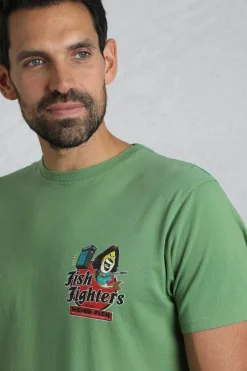 Weird Fish T-Shirts|Fish Fighters Back Print Artist T-Shirt Artichoke Green