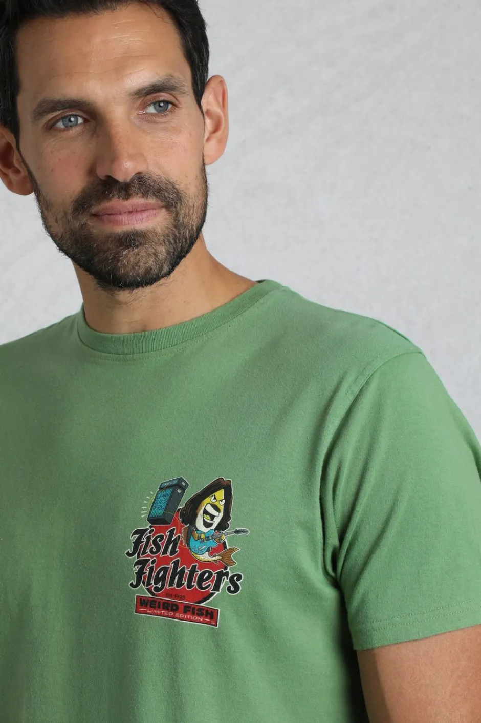 Weird Fish T-Shirts|Fish Fighters Back Print Artist T-Shirt Artichoke Green