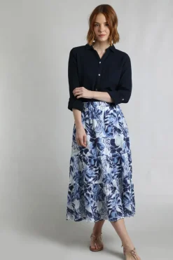 Weird Fish Skirts|Harini Organic Cotton Double Cloth Printed Midi Skirt Estate blue