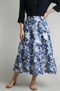 Weird Fish Skirts|Harini Organic Cotton Double Cloth Printed Midi Skirt Estate blue