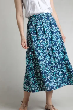 Weird Fish Skirts|Harini Organic Cotton Double Cloth Printed Midi Skirt Aqua Marine