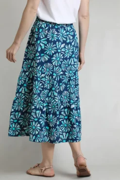 Weird Fish Skirts|Harini Organic Cotton Double Cloth Printed Midi Skirt Aqua Marine