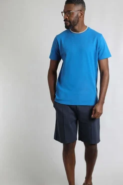 Weird Fish T-Shirts|Harris Organic Cotton Textured Crew Neck T-Shirt Blue Sapphire