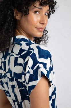 Weird Fish Dresses|Linen|Jaye Linen Rich Printed Shirt Dress Oceano