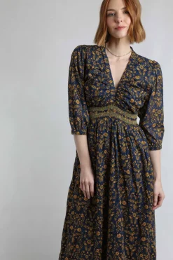 Weird Fish Dresses|Kerina Organic Cotton Printed Midi Dress Ink
