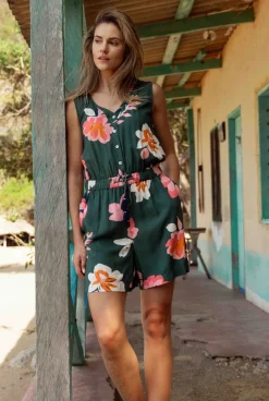 Weird Fish Dresses|Mare Eco Viscose Printed Playsuit Dusky Green