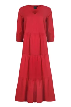 Weird Fish Dresses|Margo Seersucker Tiered Midi Dress Crimson