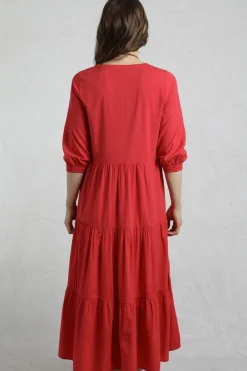 Weird Fish Dresses|Margo Seersucker Tiered Midi Dress Crimson