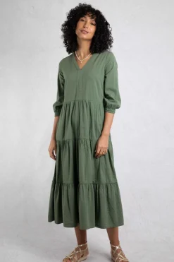 Weird Fish Dresses|Margo Seersucker Tiered Midi Dress Army Green