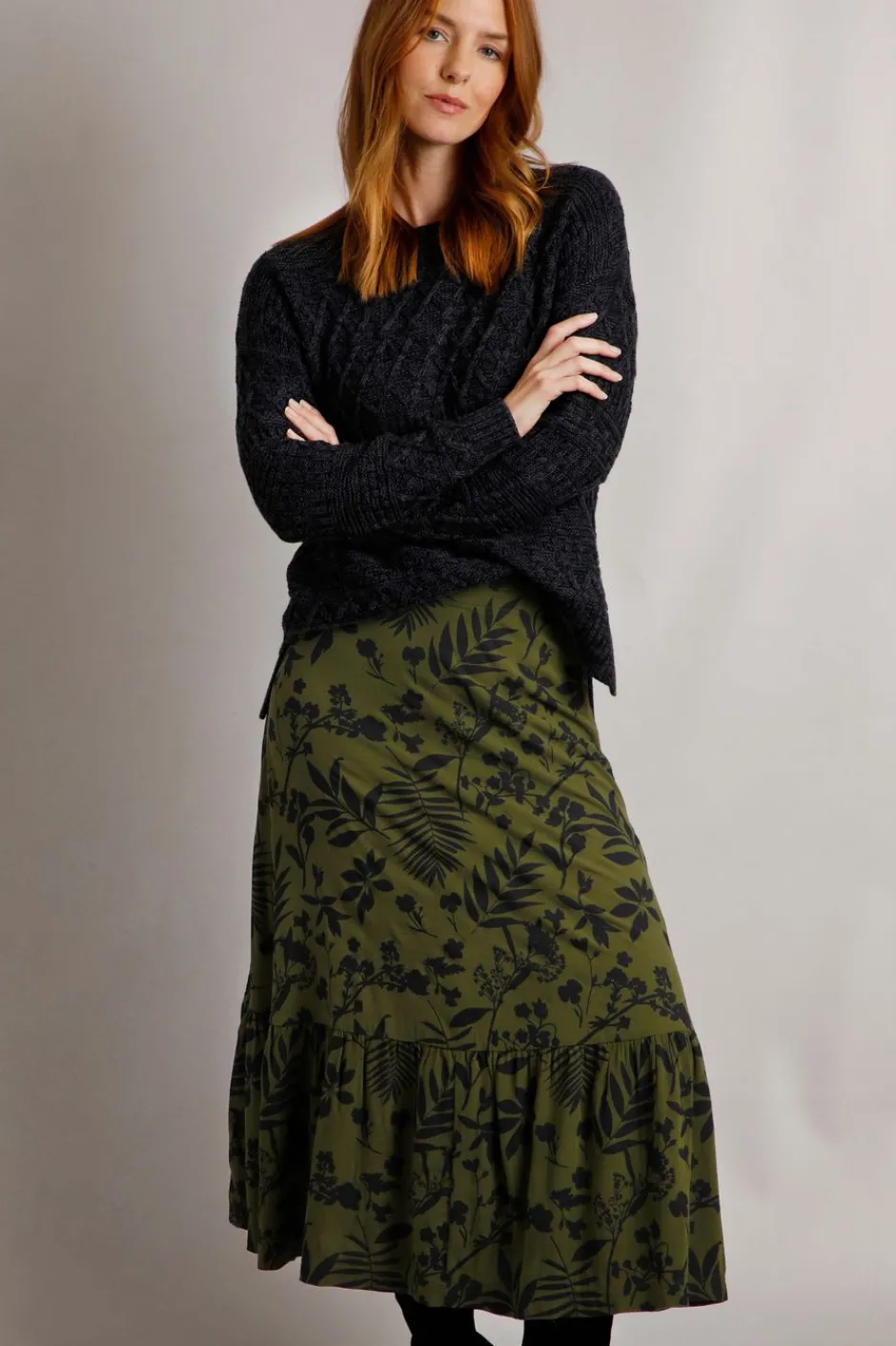 Weird Fish Skirts|Minerve Lenzing™ EcoVero™ Viscose Printed Midi Skirt Olive Green