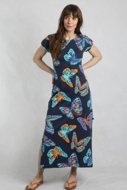 Weird Fish Dresses|Mirren Organic Cotton Printed Maxi Dress Dark Blue