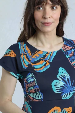 Weird Fish Dresses|Mirren Organic Cotton Printed Maxi Dress Dark Blue