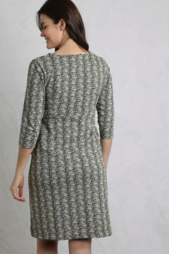 Weird Fish Dresses|Moondust Organic Cotton Printed Jersey Dress Dark Olive