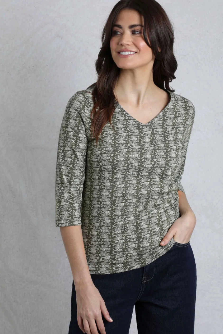 Weird Fish Tunics|Tops & T-Shirts|Nanaimo 3/4 Sleeve Organic Cotton Printed Top Dark Olive
