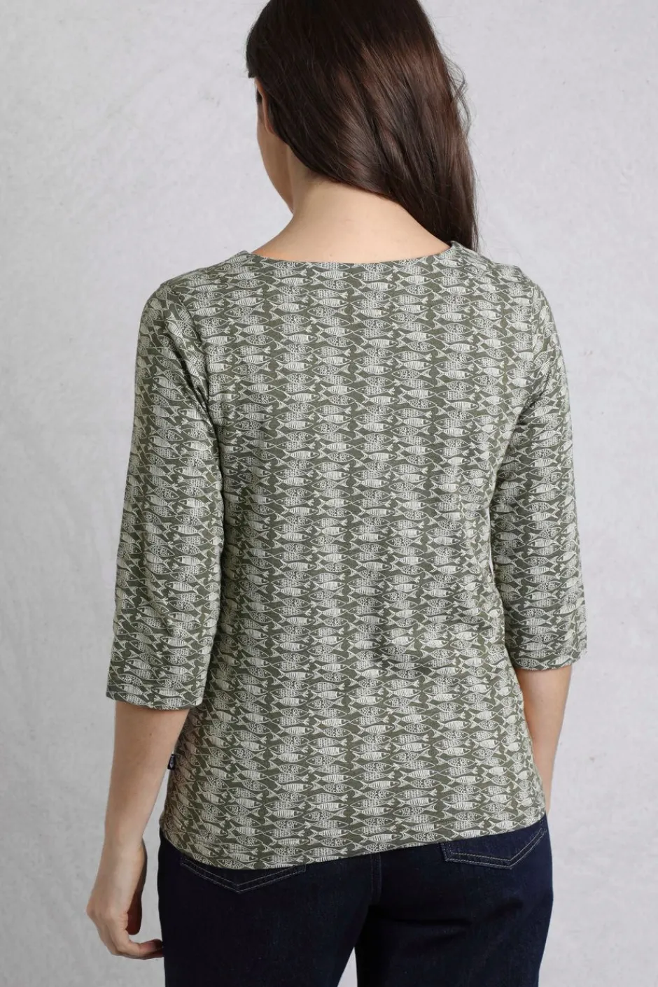 Weird Fish Tunics|Tops & T-Shirts|Nanaimo 3/4 Sleeve Organic Cotton Printed Top Dark Olive