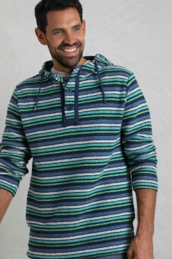 Weird Fish Sweatshirts & Hoodies|Payson Button Neck Striped Eco Macaroni Hoodie Ensign Blue