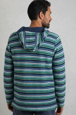 Weird Fish Sweatshirts & Hoodies|Payson Button Neck Striped Eco Macaroni Hoodie Ensign Blue