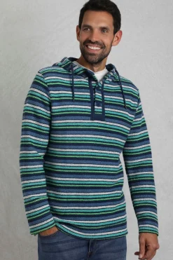 Weird Fish Sweatshirts & Hoodies|Payson Button Neck Striped Eco Macaroni Hoodie Ensign Blue