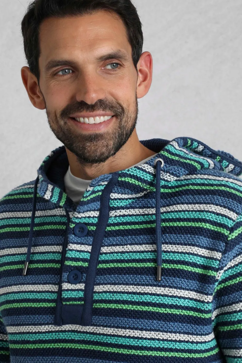 Weird Fish Sweatshirts & Hoodies|Payson Button Neck Striped Eco Macaroni Hoodie Ensign Blue