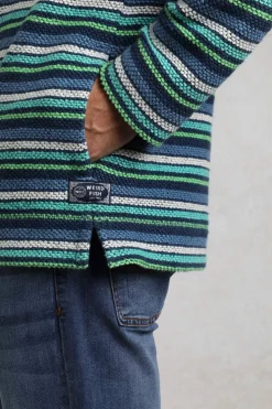 Weird Fish Sweatshirts & Hoodies|Payson Button Neck Striped Eco Macaroni Hoodie Ensign Blue