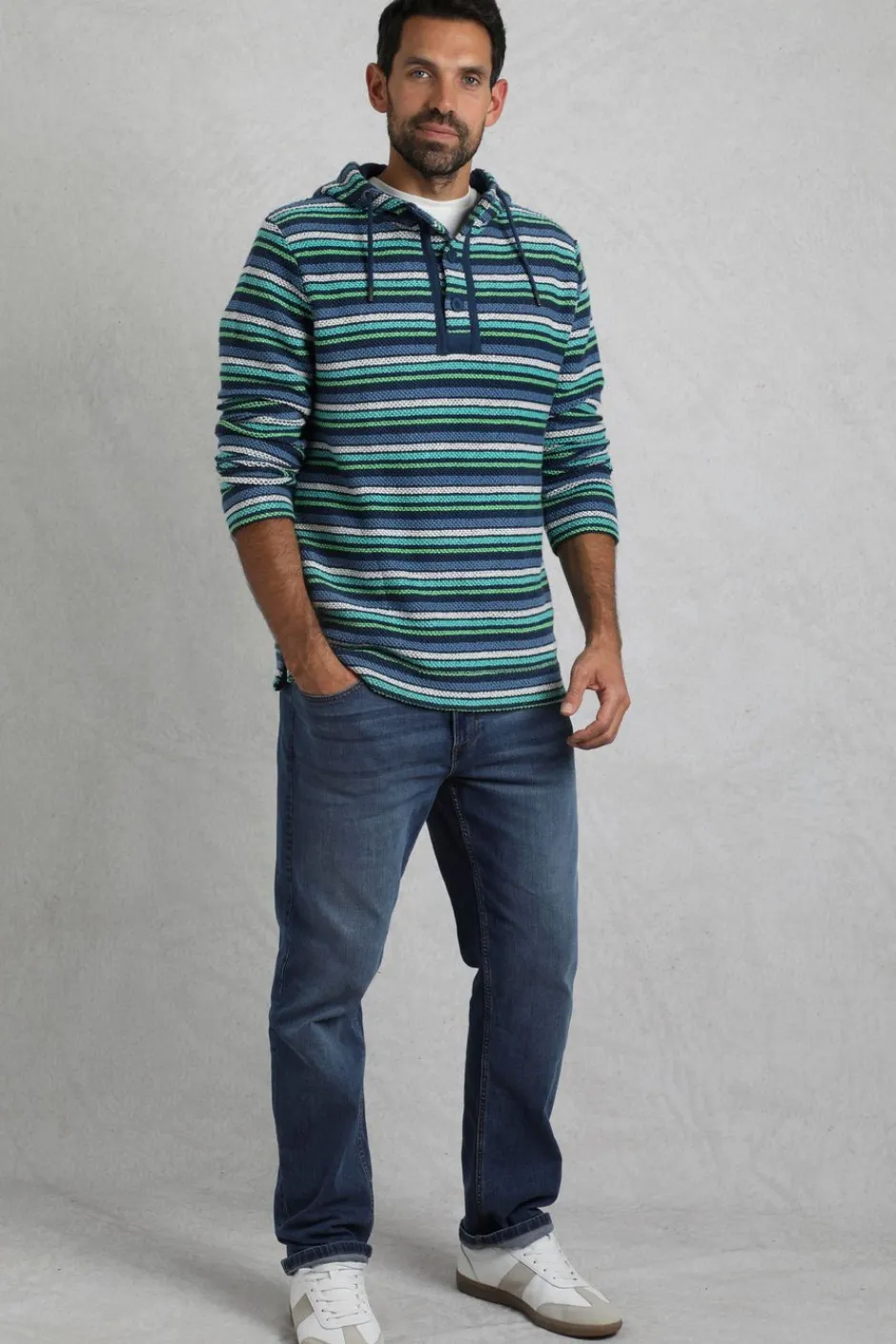 Weird Fish Sweatshirts & Hoodies|Payson Button Neck Striped Eco Macaroni Hoodie Ensign Blue