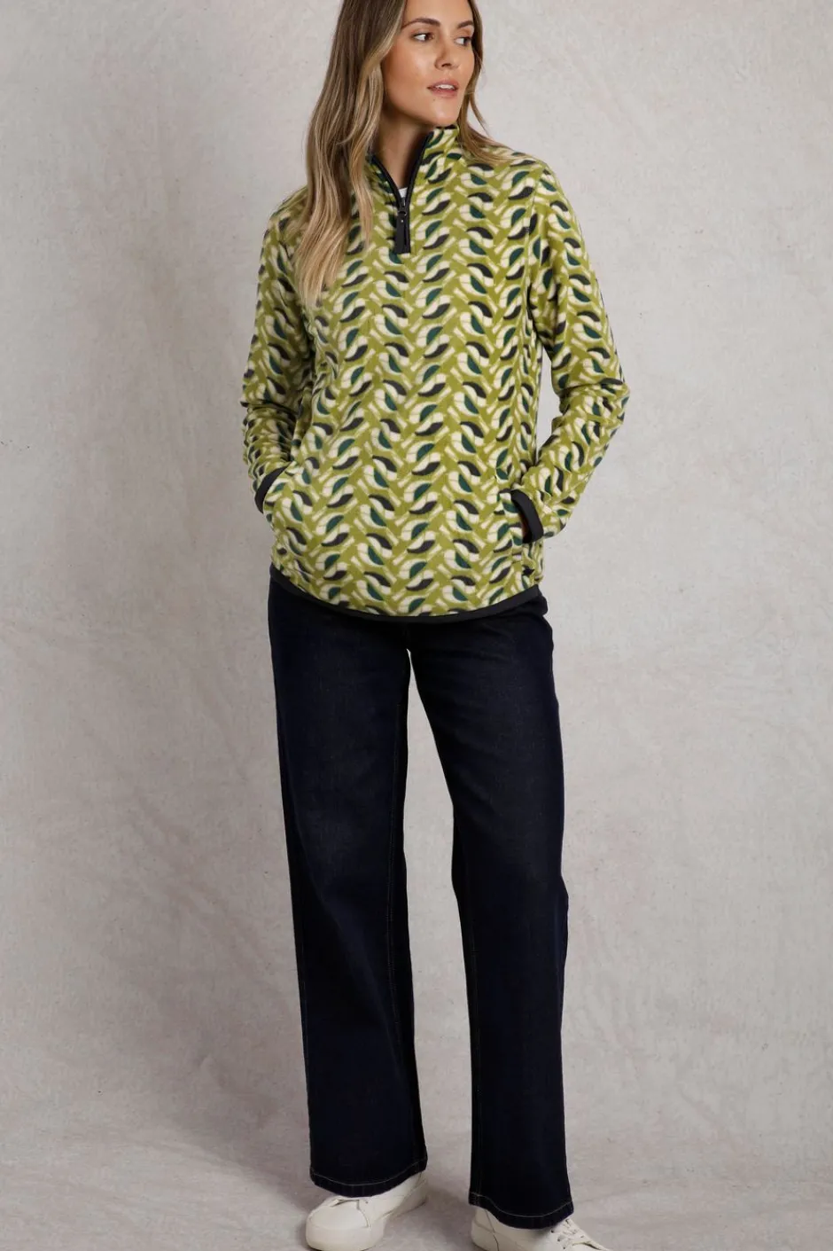 Weird Fish Fleece|Reena 1/4 Zip Printed Microfleece Warm Olive