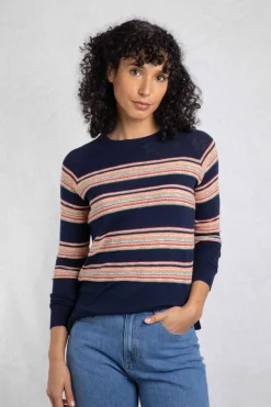 Weird Fish Jumpers & Cardigans|Knitwear|Reka Lightweight Striped Crew Neck Jumper Navy