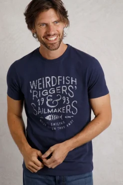 Weird Fish T-Shirts|Riggers Organic Cotton Reverse Print Graphic T-Shirt Dark Blue