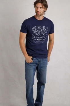 Weird Fish T-Shirts|Riggers Organic Cotton Reverse Print Graphic T-Shirt Dark Blue