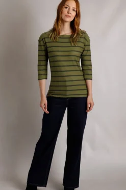 Weird Fish Tunics|Tops & T-Shirts|Rommie Organic Cotton Square Neck Stripe T-Shirt Olive Green
