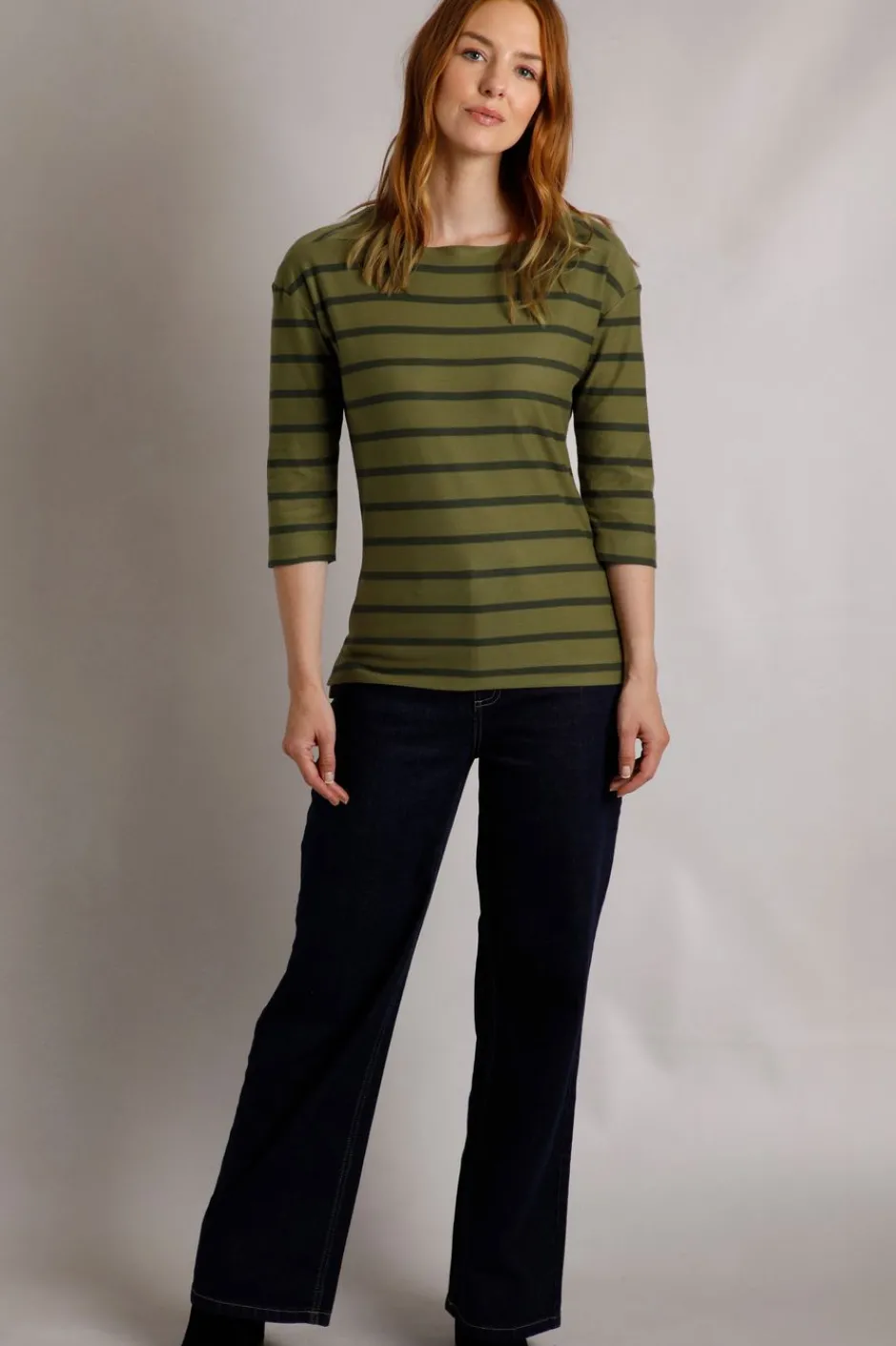 Weird Fish Tunics|Tops & T-Shirts|Rommie Organic Cotton Square Neck Stripe T-Shirt Olive Green