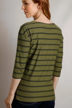 Weird Fish Tunics|Tops & T-Shirts|Rommie Organic Cotton Square Neck Stripe T-Shirt Olive Green